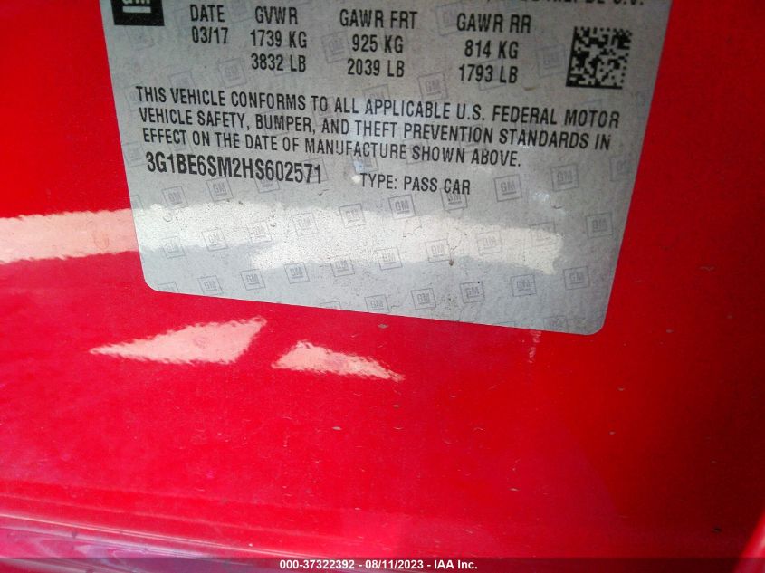 2017 CHEVROLET CRUZE LT - 3G1BE6SM2HS602571