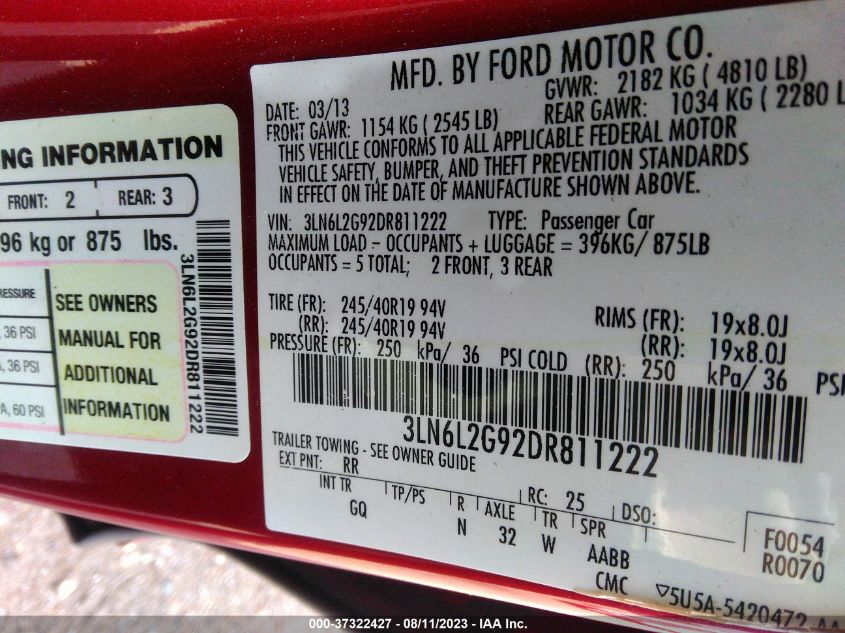 2013 LINCOLN MKZ - 3LN6L2G92DR811222