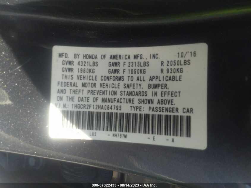 2017 HONDA ACCORD SEDAN SPORT SE - 1HGCR2F12HA084795