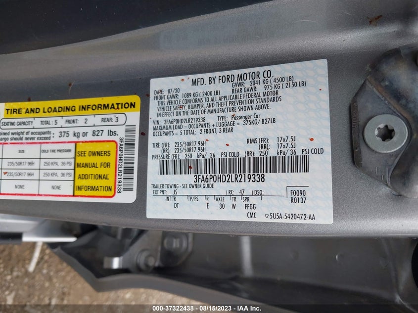 VIN 3FA6P0HD2LR219338 2020 FORD FUSION SE