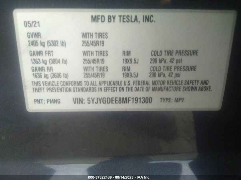 2021 TESLA MODEL Y LONG RANGE - 5YJYGDEE8MF191300