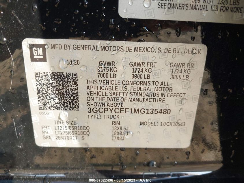 2021 CHEVROLET SILVERADO 1500 CUSTOM TRAIL BOSS - 3GCPYCEF1MG135480