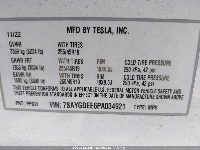 VIN 7SAYGDEE6PA034921 2023 TESLA MODEL Y LONG RANGE