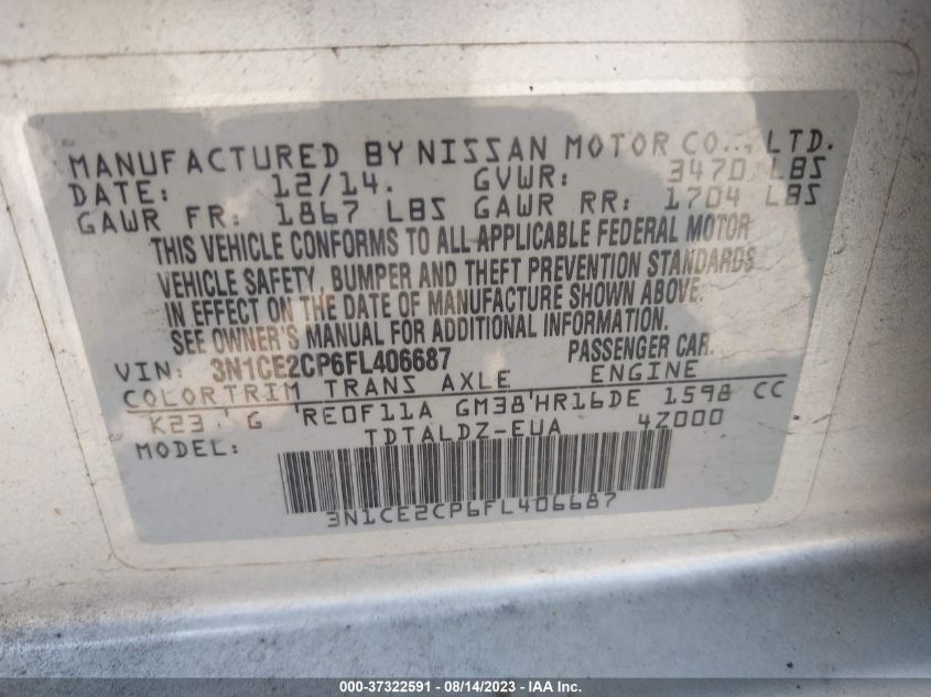 2015 NISSAN VERSA NOTE S/S PLUS/SV/SR/SL - 3N1CE2CP6FL406687