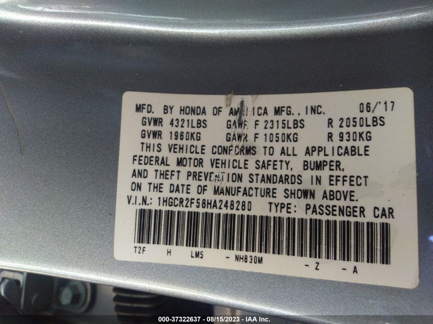 2017 HONDA ACCORD SEDAN SPORT - 1HGCR2F58HA248280