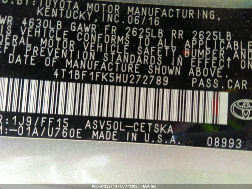 2017 TOYOTA CAMRY LE/XLE/SE/XSE - 4T1BF1FK5HU272789