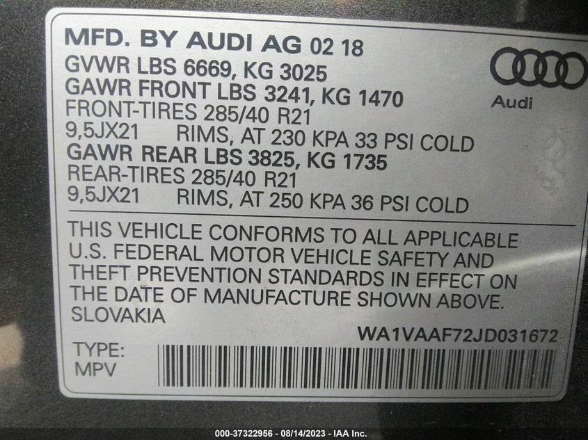 VIN WA1VAAF72JD031672 2018 AUDI Q7 PRESTIGE