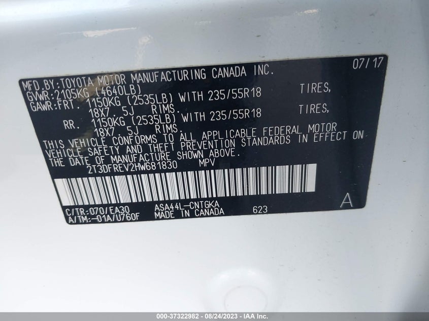 VIN 2T3DFREV2HW681830 2017 TOYOTA RAV4 LIMITED/PLATINUM