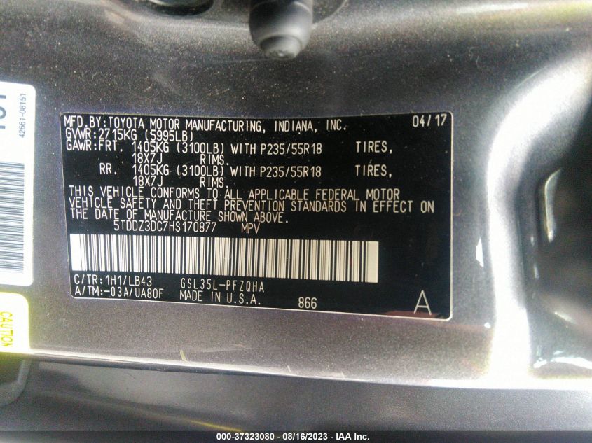 2017 TOYOTA SIENNA XLE - 5TDDZ3DC7HS170877
