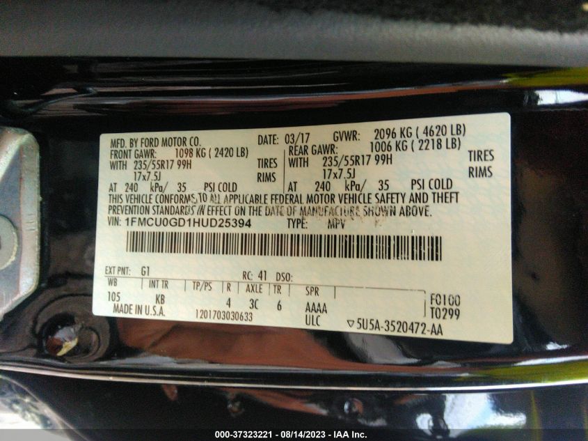 2017 FORD ESCAPE SE - 1FMCU0GD1HUD25394