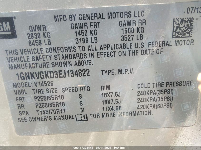 2014 CHEVROLET TRAVERSE LT - 1GNKVGKD3EJ134822