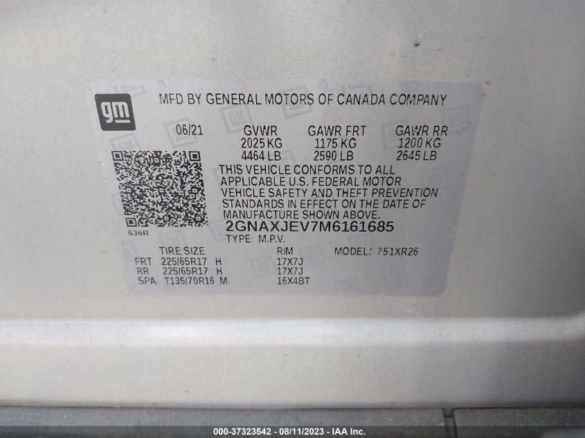 2021 CHEVROLET EQUINOX LT - 2GNAXJEV7M6161685