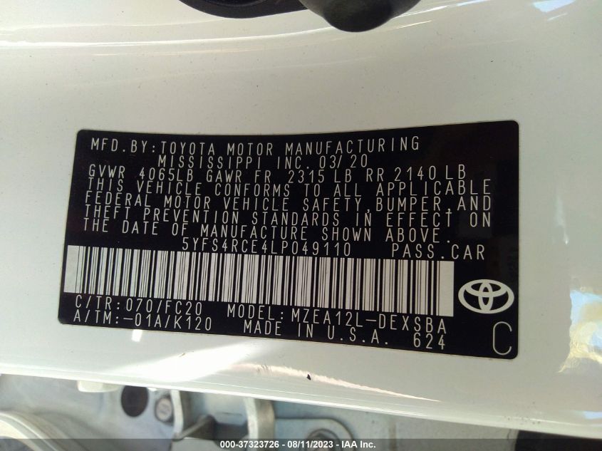2020 TOYOTA COROLLA SE/NIGHTSHADE - 5YFS4RCE4LP049110