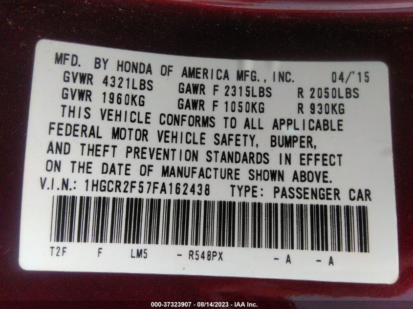 2015 HONDA ACCORD SEDAN SPORT - 1HGCR2F57FA162438