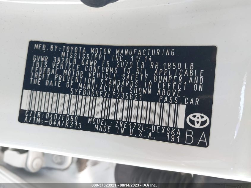 2015 TOYOTA COROLLA L/LE/S/S PLUS/LE PLUS - 5YFBURHEXFP235621
