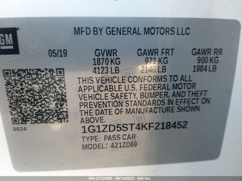2019 CHEVROLET MALIBU LT - 1G1ZD5ST4KF218452