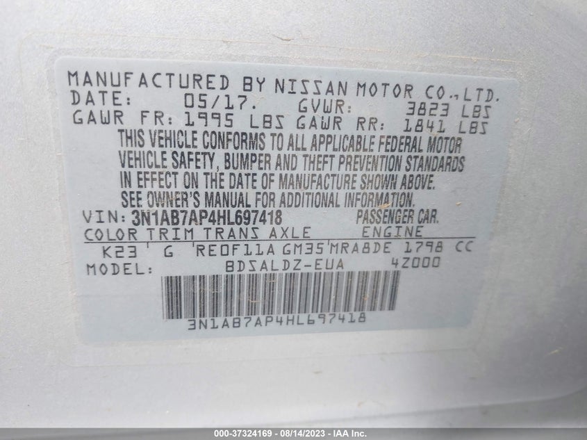 VIN 3N1AB7AP4HL697418 2017 NISSAN SENTRA SV
