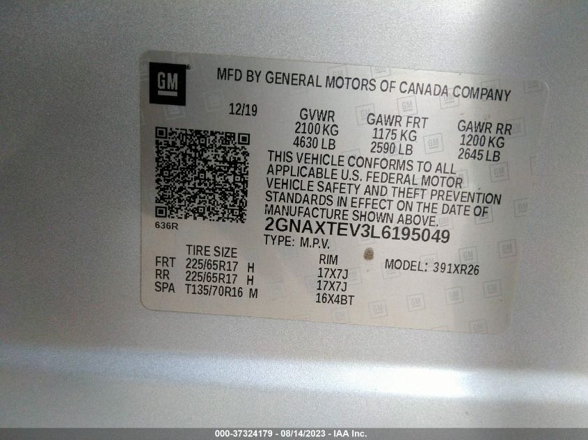 2020 CHEVROLET EQUINOX LT - 2GNATXEV3L6195049