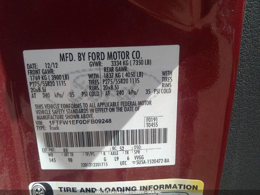 2013 FORD F-150 XL/XLT/FX4/LARIAT - 1FTFW1EF0DFB09248