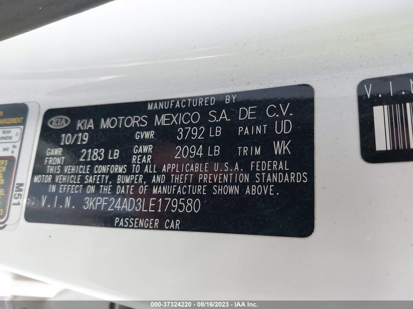 VIN 3KPF24AD3LE179580 2020 KIA FORTE LXS