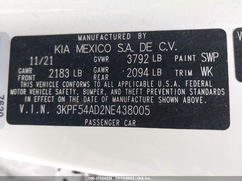 2022 KIA FORTE GT-LINE - 3KPF54AD2NE438005
