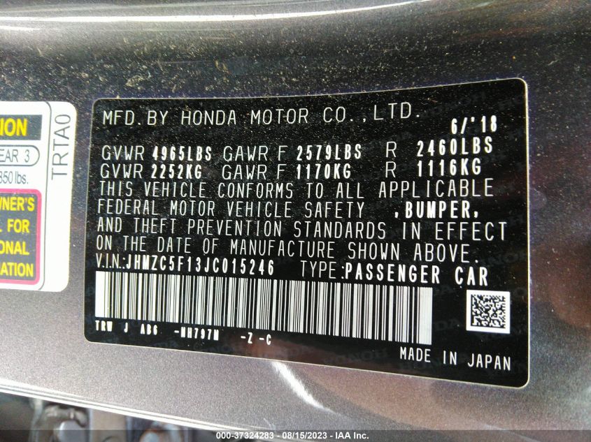 2018 HONDA CLARITY PLUG-IN HYBRID JHMZC5F13JC015246