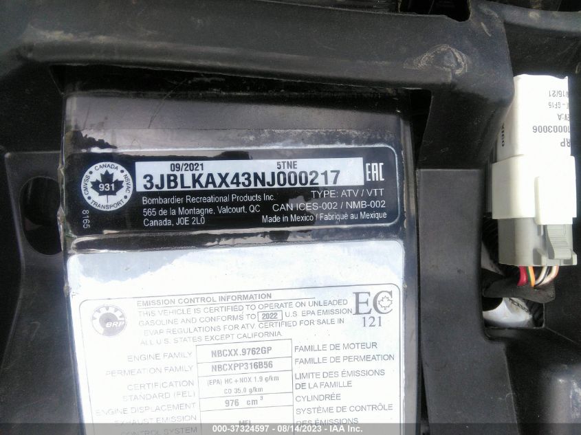 2022 CAN-AM OUTLANDER XT 1000R/XT-P 1000R 3JBLKAX43NJ000217