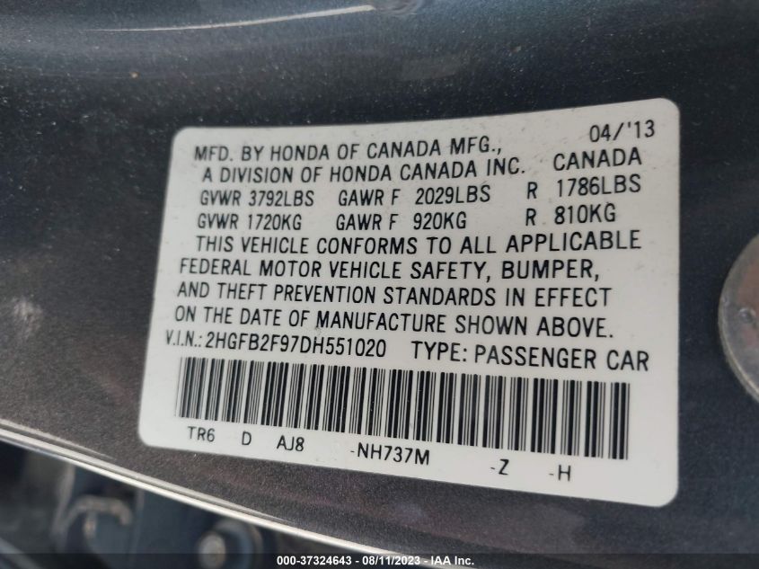 2013 HONDA CIVIC SDN EX-L - 2HGFB2F97DH551020