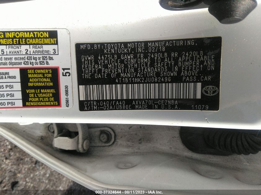 2018 TOYOTA CAMRY LE/SE/XLE/L - 4T1B11HK2J4082496