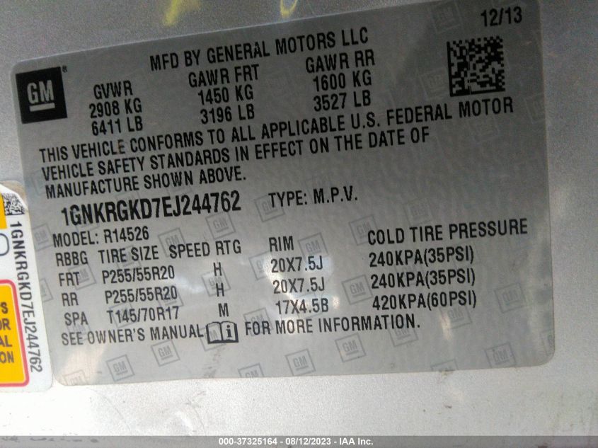 2014 CHEVROLET TRAVERSE LT - 1GNKRGKD7EJ244762