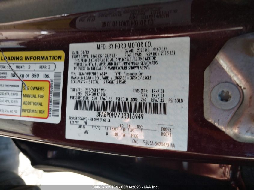 2013 FORD FUSION SE - 3FA6P0H77DR316949