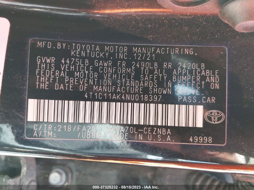 2022 TOYOTA CAMRY LE - 4T1C11AK4NU018397