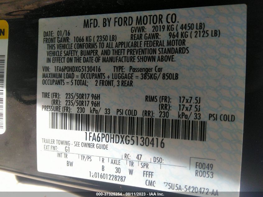 2016 FORD FUSION SE - 1FA6P0HDXG5130416