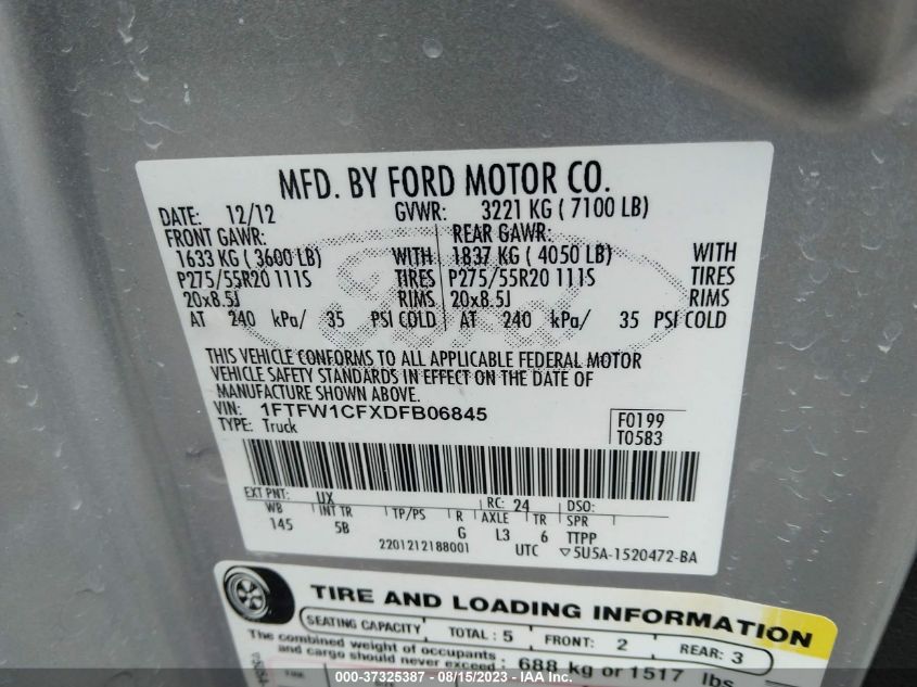2013 FORD F-150 XL/XLT/FX2/LARIAT - 1FTFW1CFXDFB06845