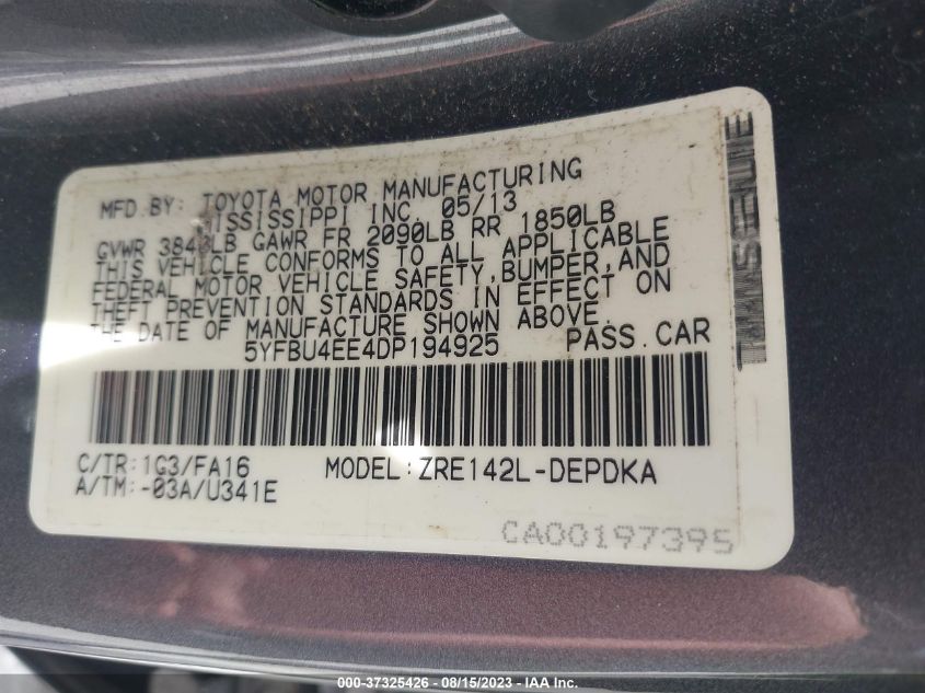 2013 TOYOTA COROLLA L/LE/S - 5YFBU4EE4DP194925
