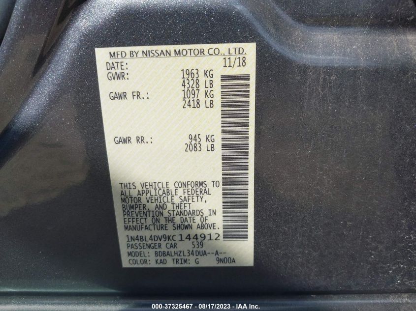 2019 NISSAN ALTIMA 2.5 SV - 1N4BL4DV9KC144912