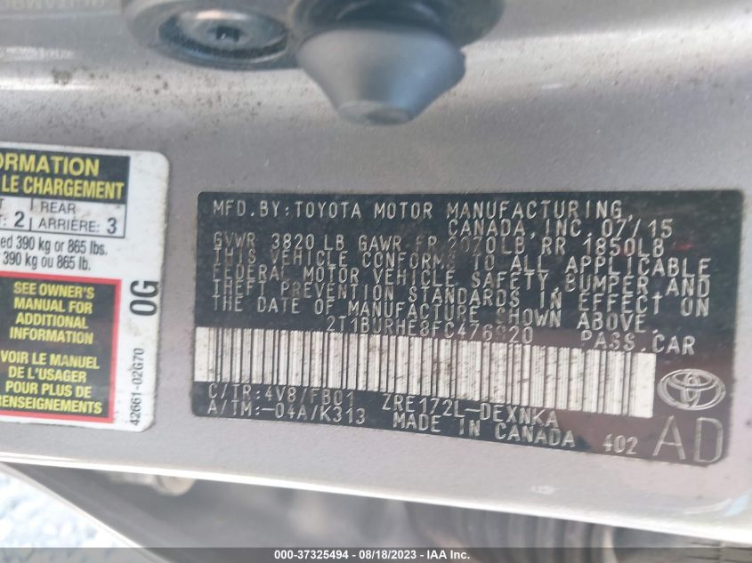 2015 TOYOTA COROLLA L/LE/S/S PLUS/LE PLUS - 2T1BURHE8FC476920