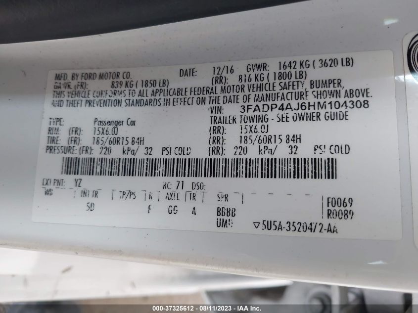 2017 FORD FIESTA S - 3FADP4AJ6HM104308