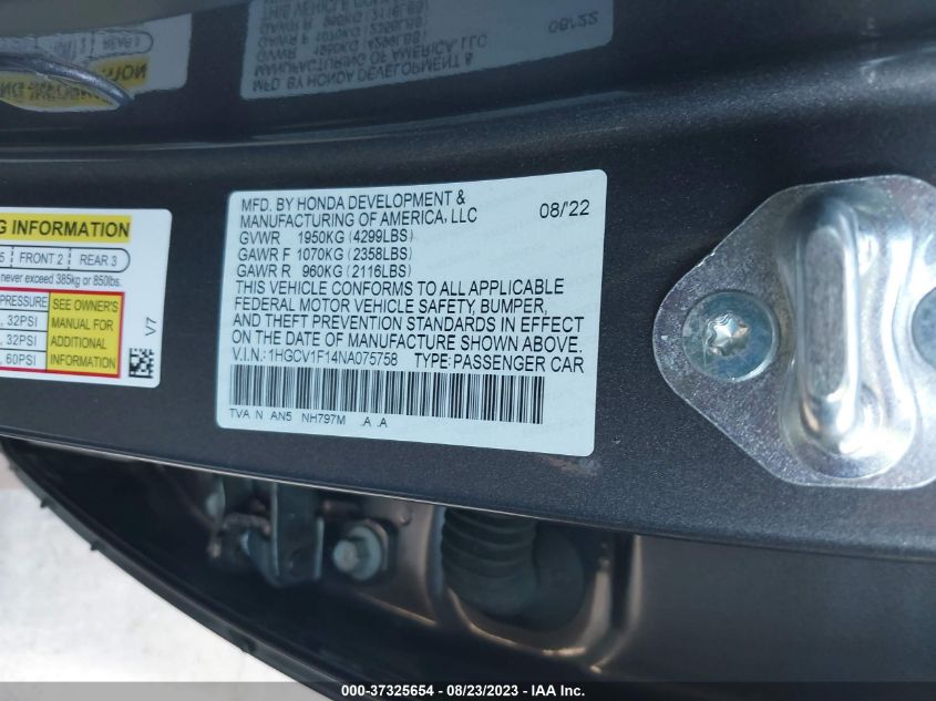 2022 HONDA ACCORD SEDAN LX - 1HGCV1F14NA075758