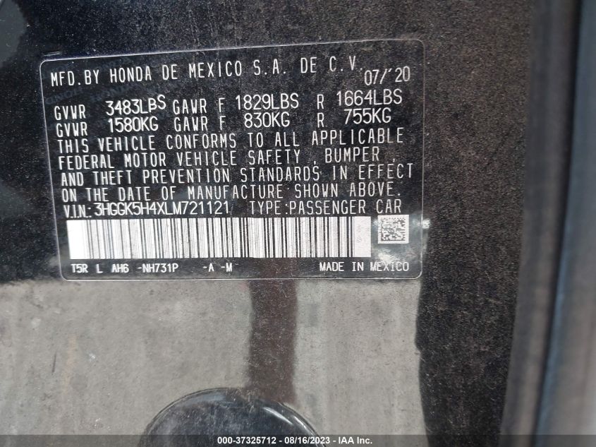 2020 HONDA FIT LX - 3HGGK5H4XLM721121