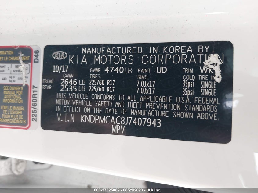 VIN KNDPMCAC8J7407943 2018 KIA SPORTAGE LX