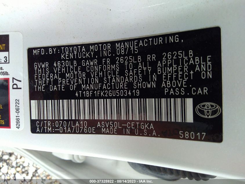 2016 TOYOTA CAMRY LE/XLE/SE/XSE - 4T1BF1FK2GU503419