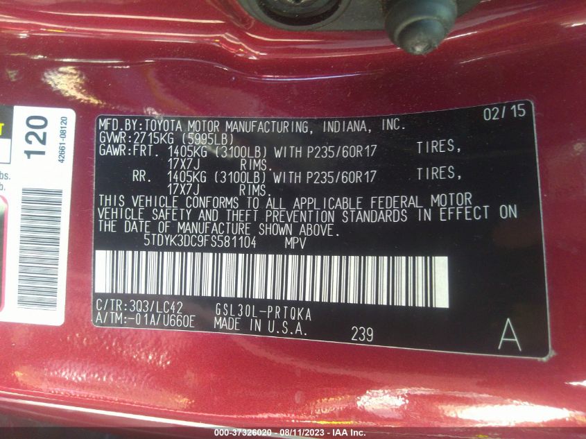 2015 TOYOTA SIENNA XLE/XLE AAS/LTD - 5TDYK3DC9FS581104