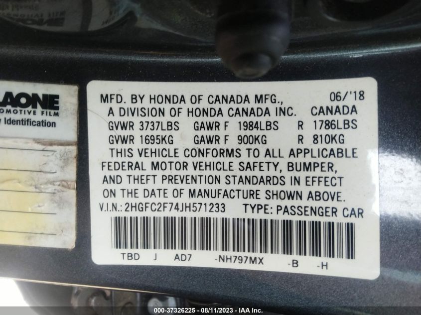 2018 HONDA CIVIC SEDAN EX - 2HGFC2F74JH571233