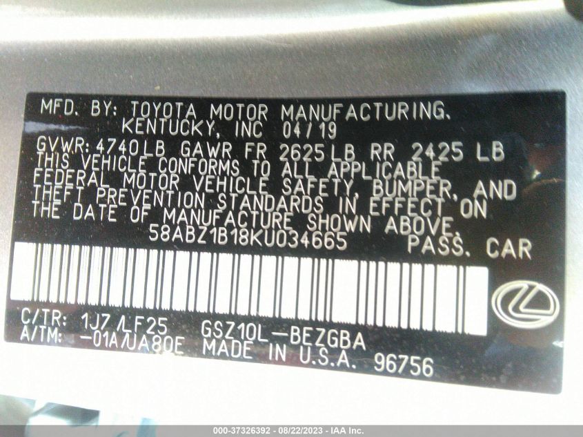 2019 LEXUS ES 350 - 58ABZ1B18KU034665