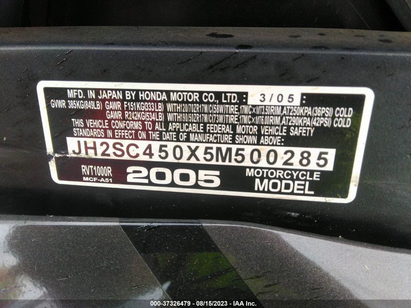 2005 HONDA RVT1000 R JH2SC450X5M500285