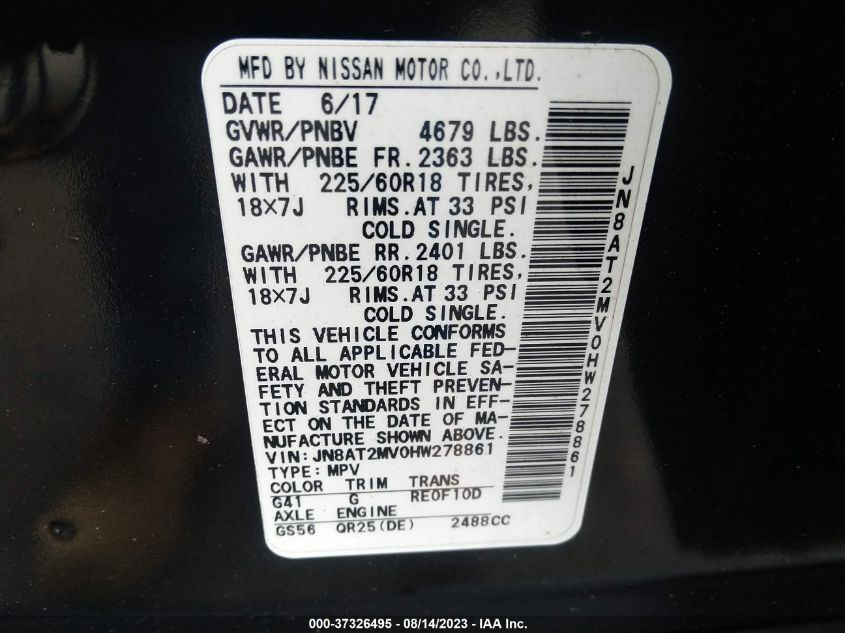 2017 NISSAN ROGUE S/SL/SV - JN8AT2MV0HW278861