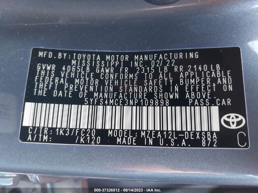 2022 TOYOTA COROLLA SE/NIGHT SHADE - 5YFS4MCE3NP109898