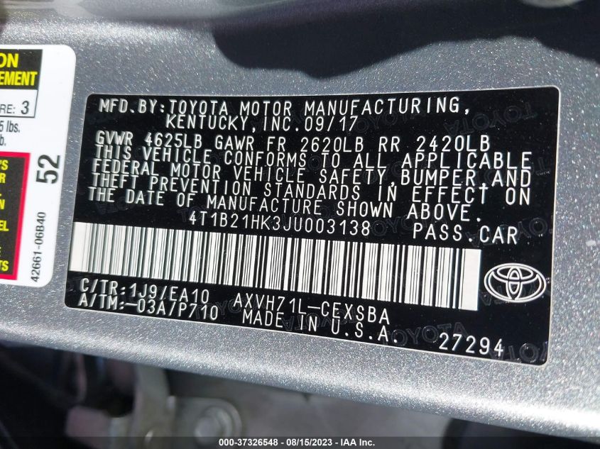 2018 TOYOTA CAMRY HYBRID/LE/XLE/SE - 4T1B21HK3JU003138