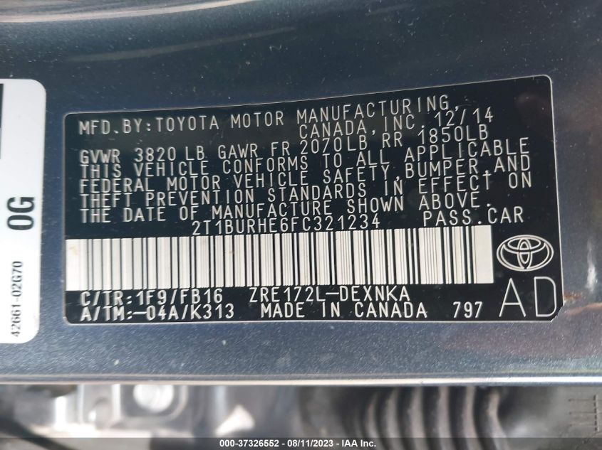2015 TOYOTA COROLLA L/LE/S/S PLUS/LE PLUS - 2T1BURHE6FC321234